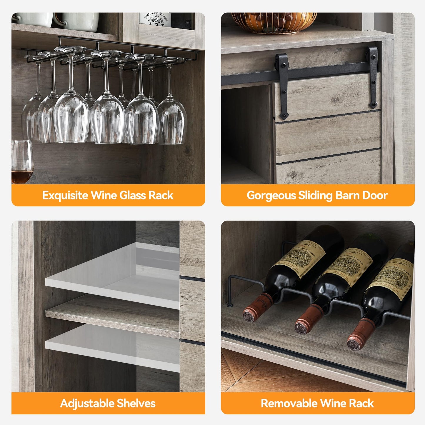 GAOMON Farmhouse Bar Cabinet with Sliding Barn Door, 70" Rustic Buffet Cabinet with Storage Shelves, Liquor Cabinet with Wine and Glasses Rack, Sideboard Cupboard for Kitchen, Dining Room, Gray