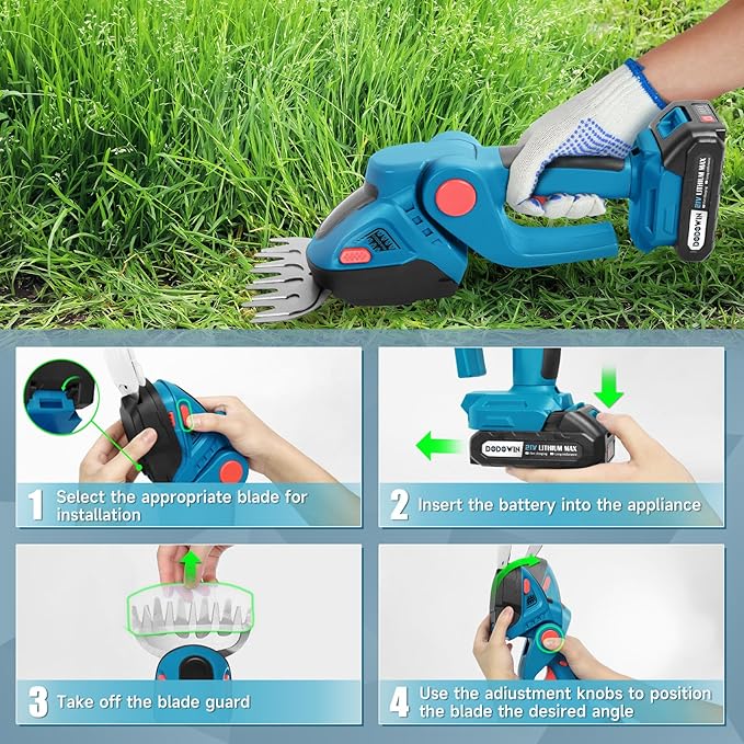 DODOWIN Hedge Trimmer Cordless, 2 in 1 21V Handheld Electric Weed Shears and Bush Trimmer, with 1 Rechargeable Batteries 1 Charger, Garden Tools Gift for Men, Dad, Husband Christmas Stocking Stuffers