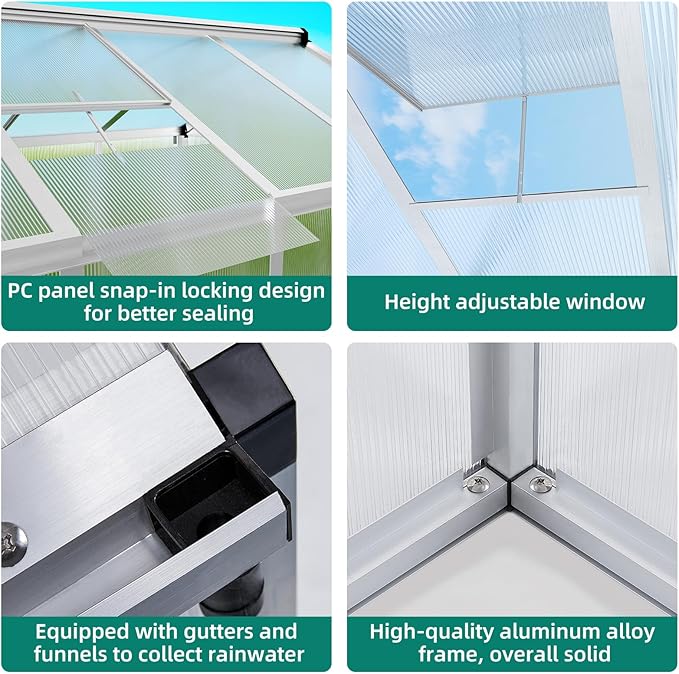 6x10 FT Greenhouse for Outdoors, Large Aluminum Greenhouses with Roof Vent and Quick Setup Structure, Greenhouse Heavy Duty with PC Panels, Walk-in Green Houses for Winter Garden,Backyard,Patio,Lawn