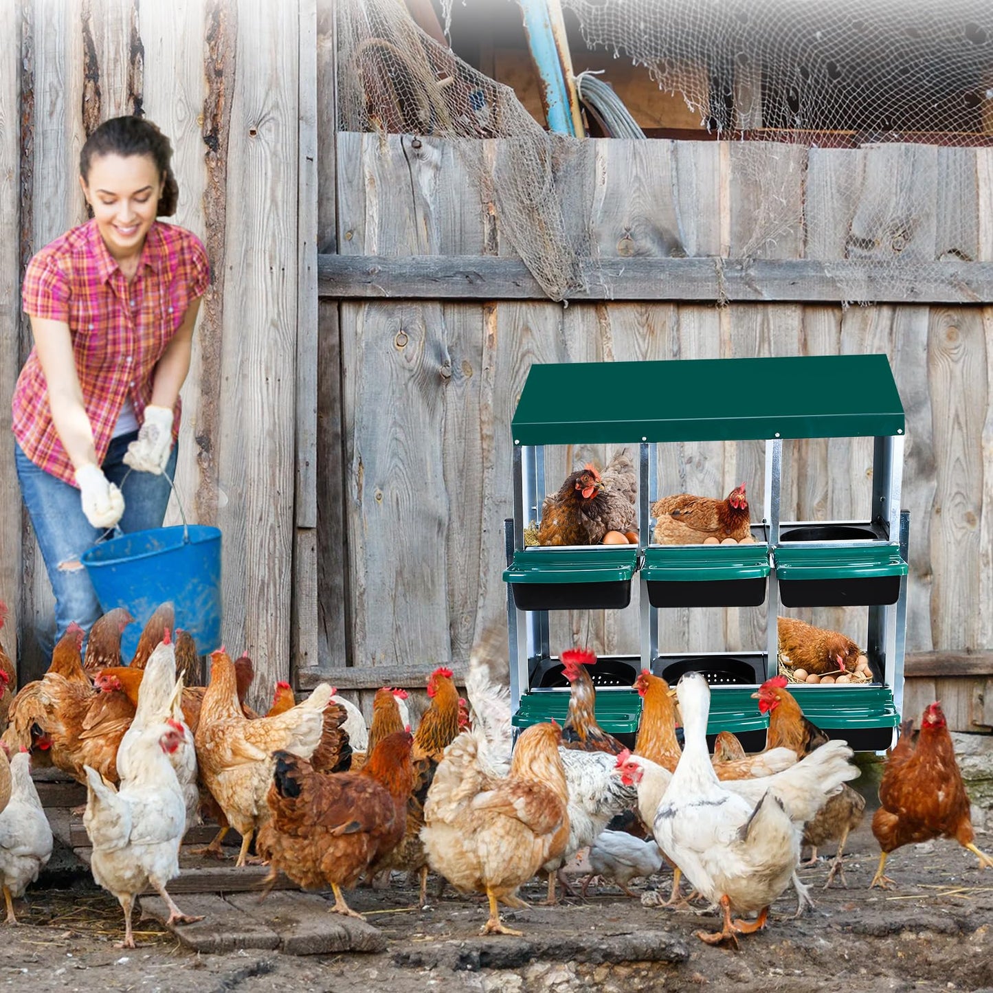 GarveeLife Nesting Boxes for Chickens, 6 Holes Chicken Nesting Boxes with Legs, Chicken Laying Box with Lid Cover, for Outdoor Chicken Coop Farm Yard, Green