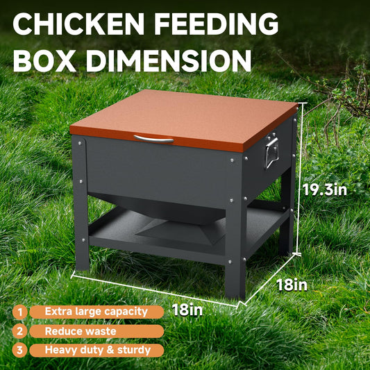 POOAMY Portable Metal Chicken Feeder with Waterproof Lid, Freestanding Chicken Feeding Box with 80 lbs Large Capacity for Chickens, Orange