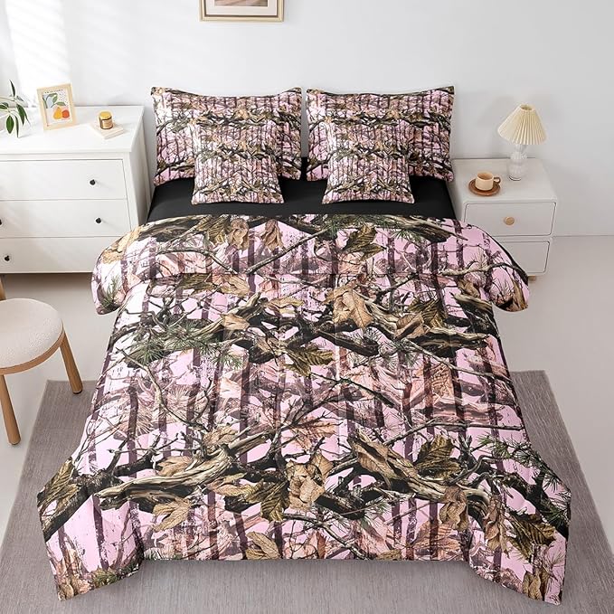 Feelyou Tree Branches 7 Pieces Bedding Set, for Kids Wild Hunting Bed Set King Size Botanical Tree Bed in a Bag with Comforter, Sheets, Pillowcases Bedroom Decor Nature Theme Light Pink Brown