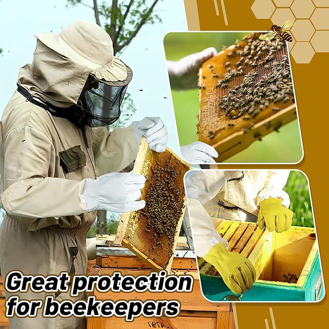 ANPHSIN 2 pairs Long Goatskin Beekeeping Gloves for Beekeepers - Protected Leather Gloves, Beekeeping Supplies, White/Yellow
