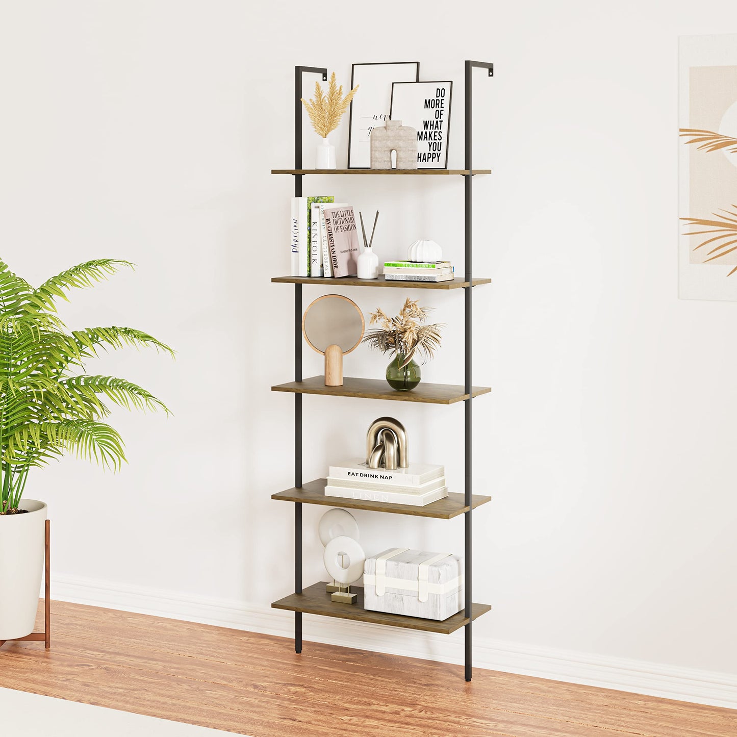 Wolawu 5 Tiers Ladder Shelf 2-Piece Black Modern Tall Bookshelf Open Large Tall Wall Mount Storage Bookcase Standing Leaning Wall Shelves Industrial Decorative (Brown)