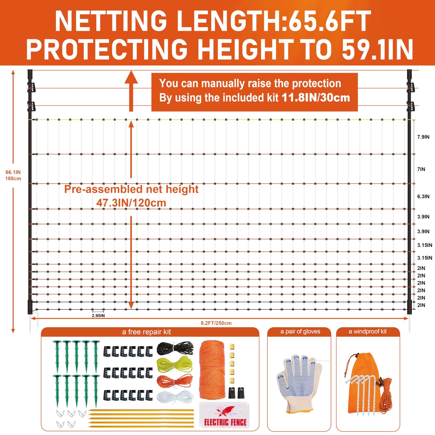 Poultry Electric Netting Fence - 47.3''H (can be Manually Raised to 59.1''H) x 65.6'L for Flying Chicken, Sheep, Goats in Farms, Ranches and Gardens, PK1