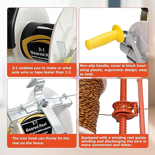 3:1 Geared Reel Prewound Polywire, Electric Fence Wire Reel, with Auxiliary Winding Handle, Plus 1 Free 8 inch Insulgrip, Suitable for Building Farm Electric Fences