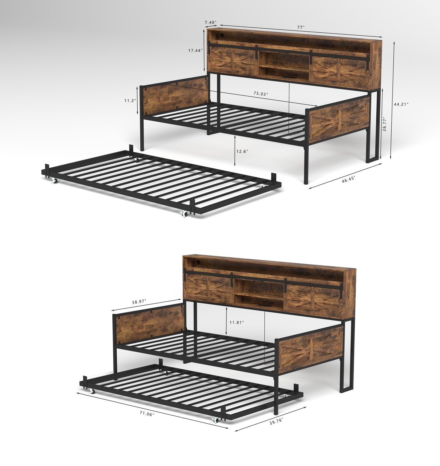 KEIKI Twin Daybed with Trundle, Farmhouse Daybed Frame with Sliding Barn Door Headboard, Charging Station & LED Lights, Convertible to 2 Twin Beds or Sofa Bed, Rustic Brown
