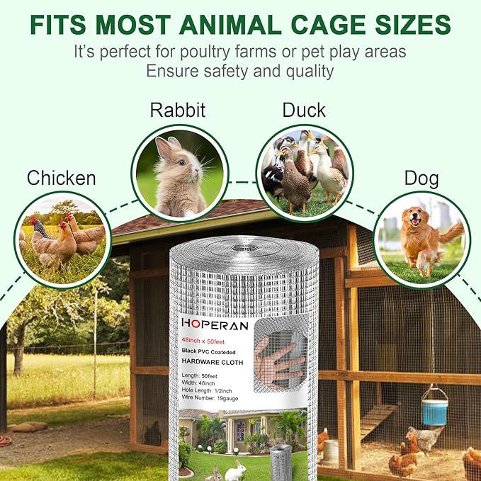 HOPERAN Hardware Cloth 1/2 Inch 48 x 50 ft 19 Gauge, Hot Dipped Galvanized After Welding, Square Chicken Wire Fencing Mesh Roll, Chicken Coop Wire Fence Raised Garden Bed Poultry Netting Cage