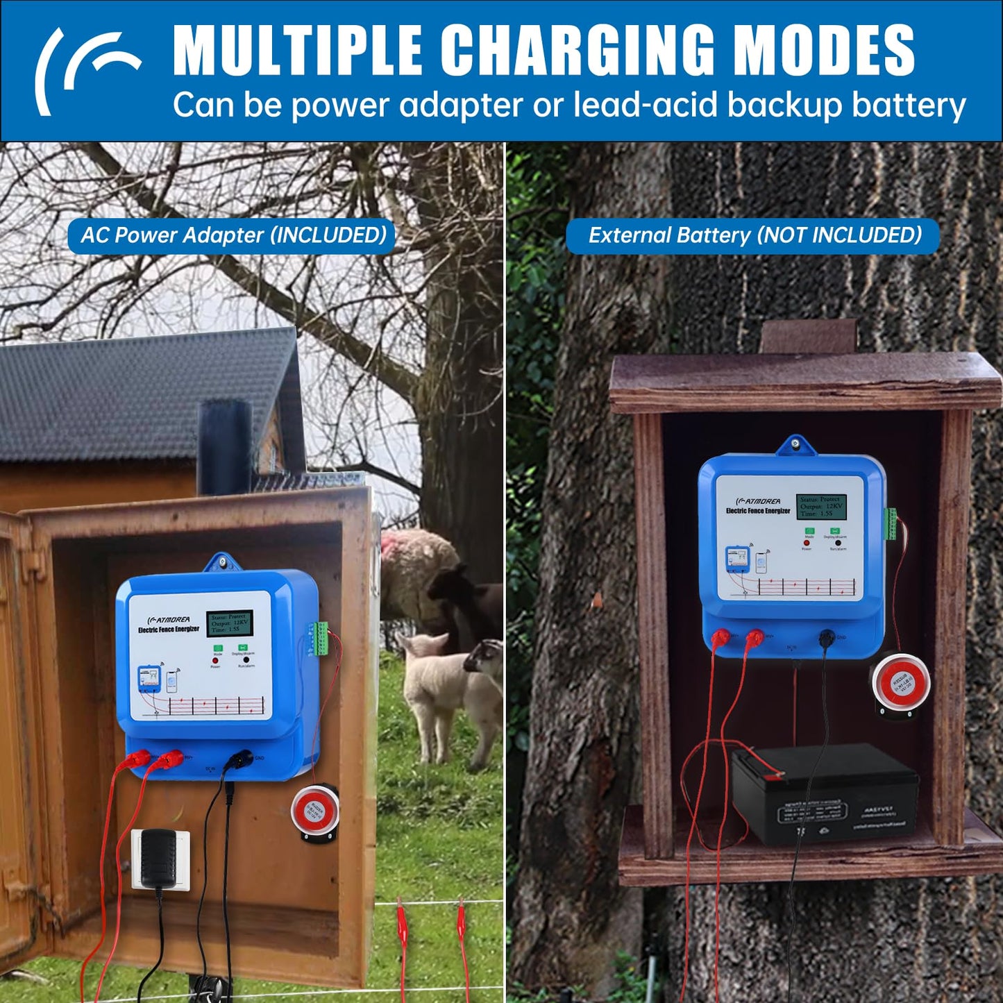 ATMOREA Smart Electric Fence Charger with Dual Alarm - 1.5/2 / 3 Joules Adjustable Energizer for Mobile Devices and Remote Control - Ideal for Poultry, Livestock, Gardens and Yards Safety