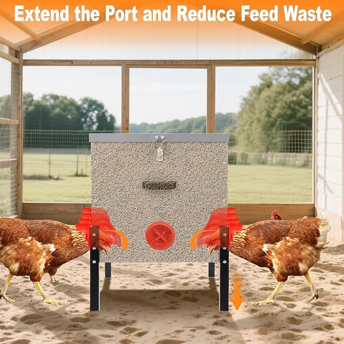 100LB Large Automatic Chicken Feeder–10 Feeding Ports No-Waste Galvanized Metal Chicken Feeder Box with Adjustable Legs & Locking Lid Poultry Feeder for Chickens,Ducks,Geese,Rust-Resistant