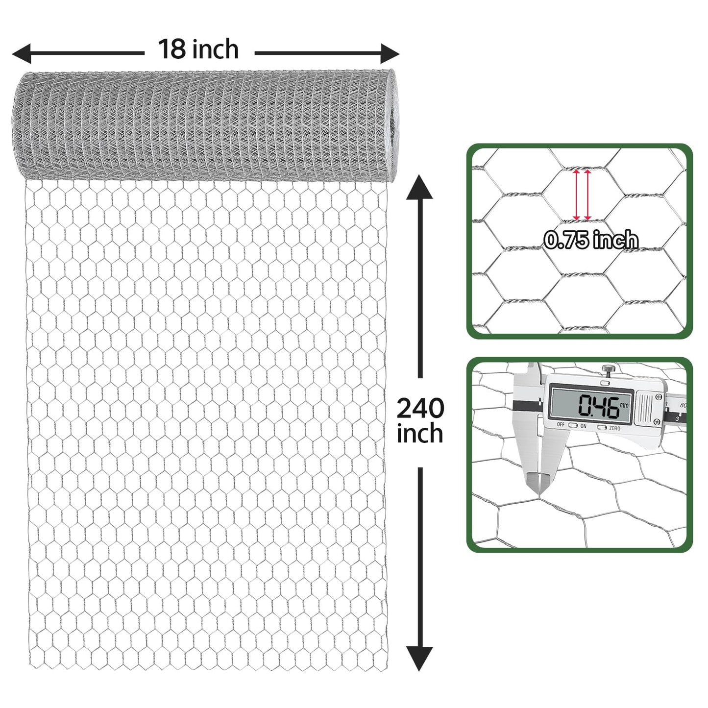 Lienffy Chicken Wire for Floral Arrangements, Garden Poultry Netting 18 × 240 Inch Hot-dip Galvanized 0.75in Hole Size Hexagonal Wire Garden Fence for Chicken Coop Barrier Rabbit Cage,Silver