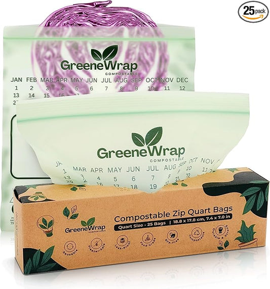 Compostable Quart Size Zip Bags 25 Count Extra Thick 2 mil Resealable, Leak-Proof, Freezer Safe Disposable Food Storage Bags, BPI and OK Compost Home Certified, ASTM D6400