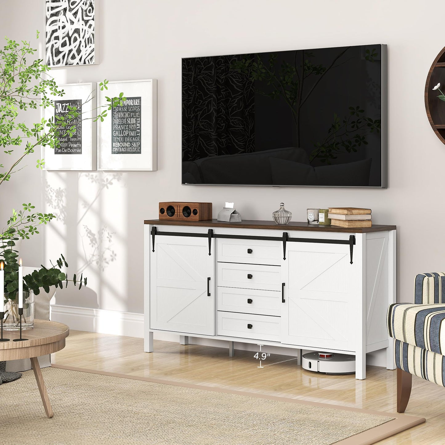 HOMCOM 59 Inch Farmhouse Sideboard Buffet Cabinet with Thick Top, Coffee Bar Cabinet with 2 Sliding Barn Doors, 4 Drawers and 2 Adjustable Shelves for Kitchen, Distressed White