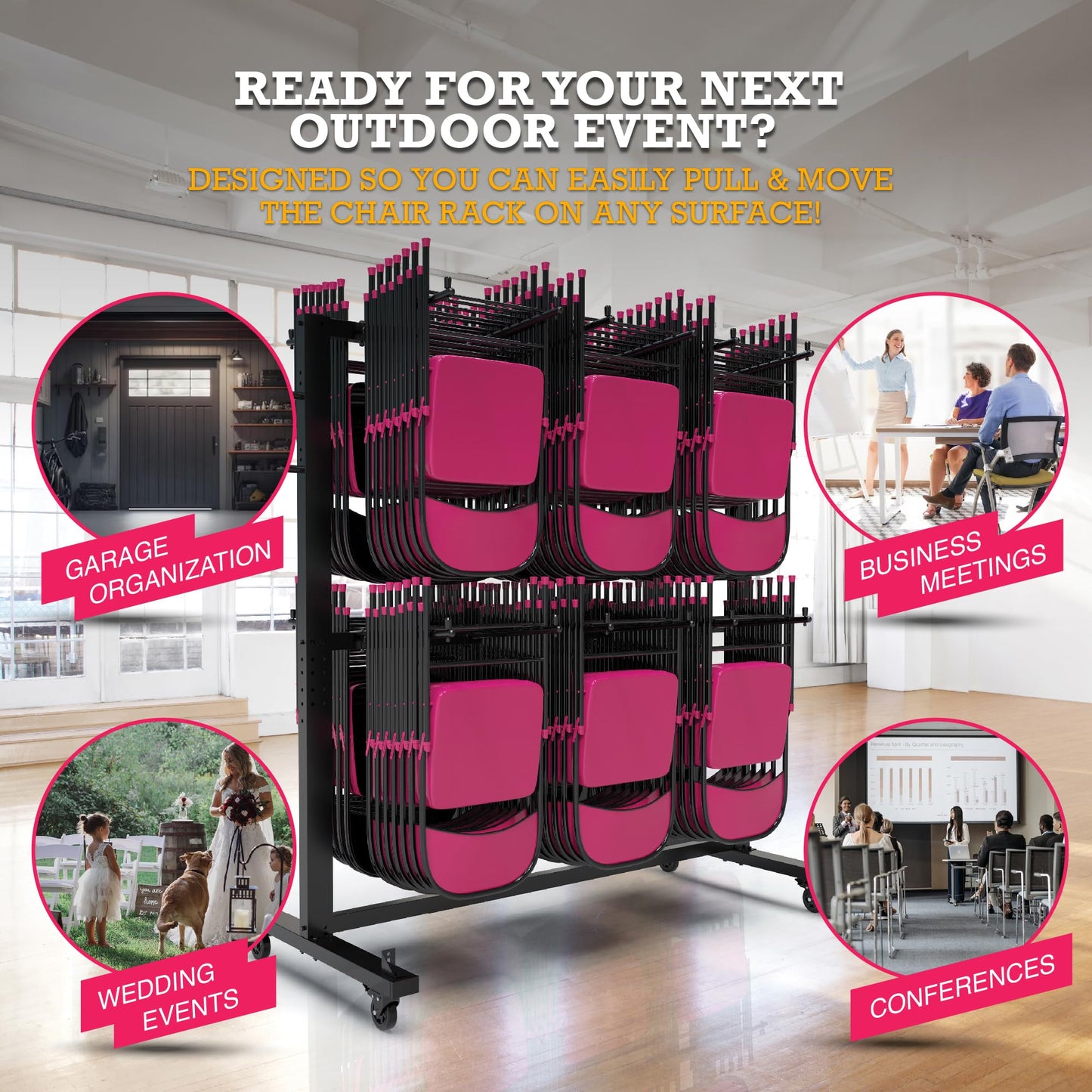 ALAGPRO Folding Chair Rack Cart - Storage Dolly With Wheels, Heavy Duty Holder for 84 Chairs or 12 Tables of 900 LBS Capacity - Includes Outdoor Cover