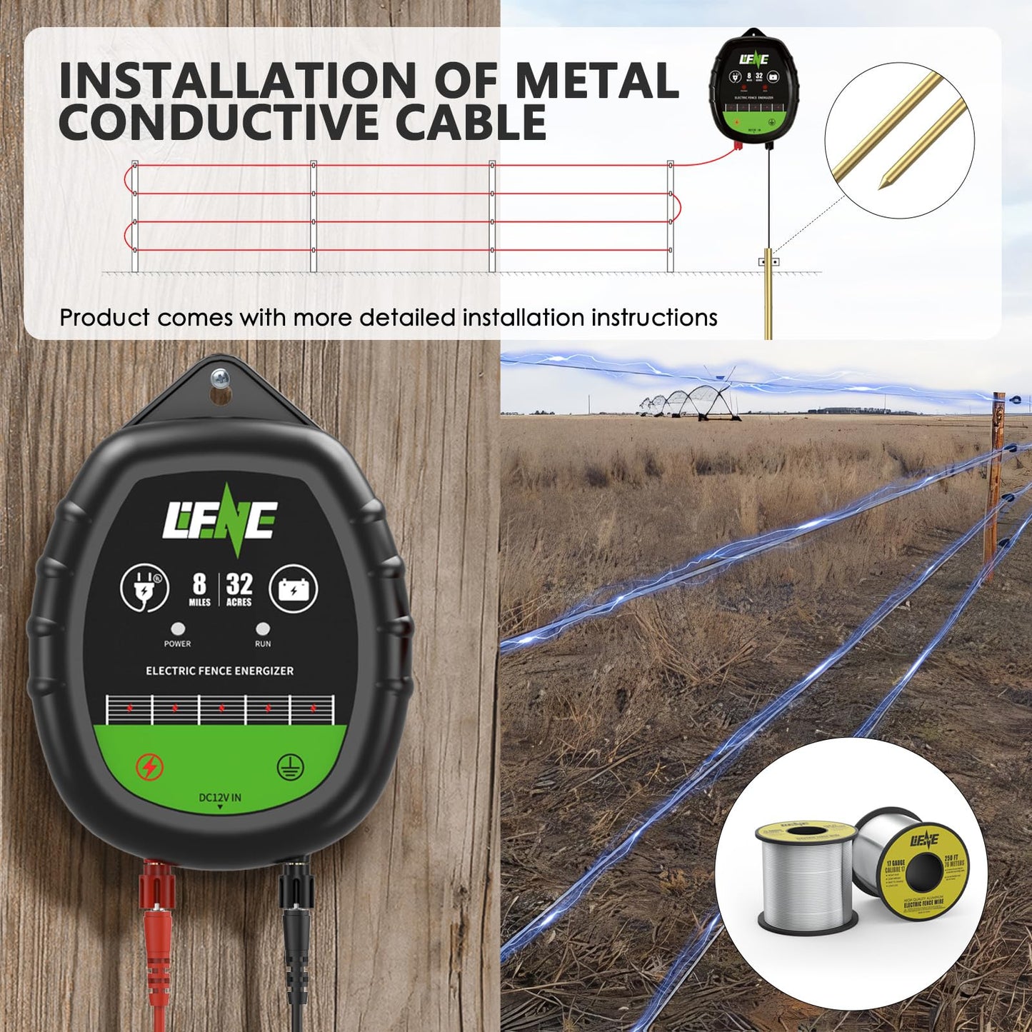 Lifence AC&DC 2 in 1 Powered Supply 8 Mile Electric Fence Energizer for Preventing Wild Animals Intruding 32 Acre Input 12V Output Voltage 10KV 1 Joule Deter Predators Contain Cattle Cow and Livestock