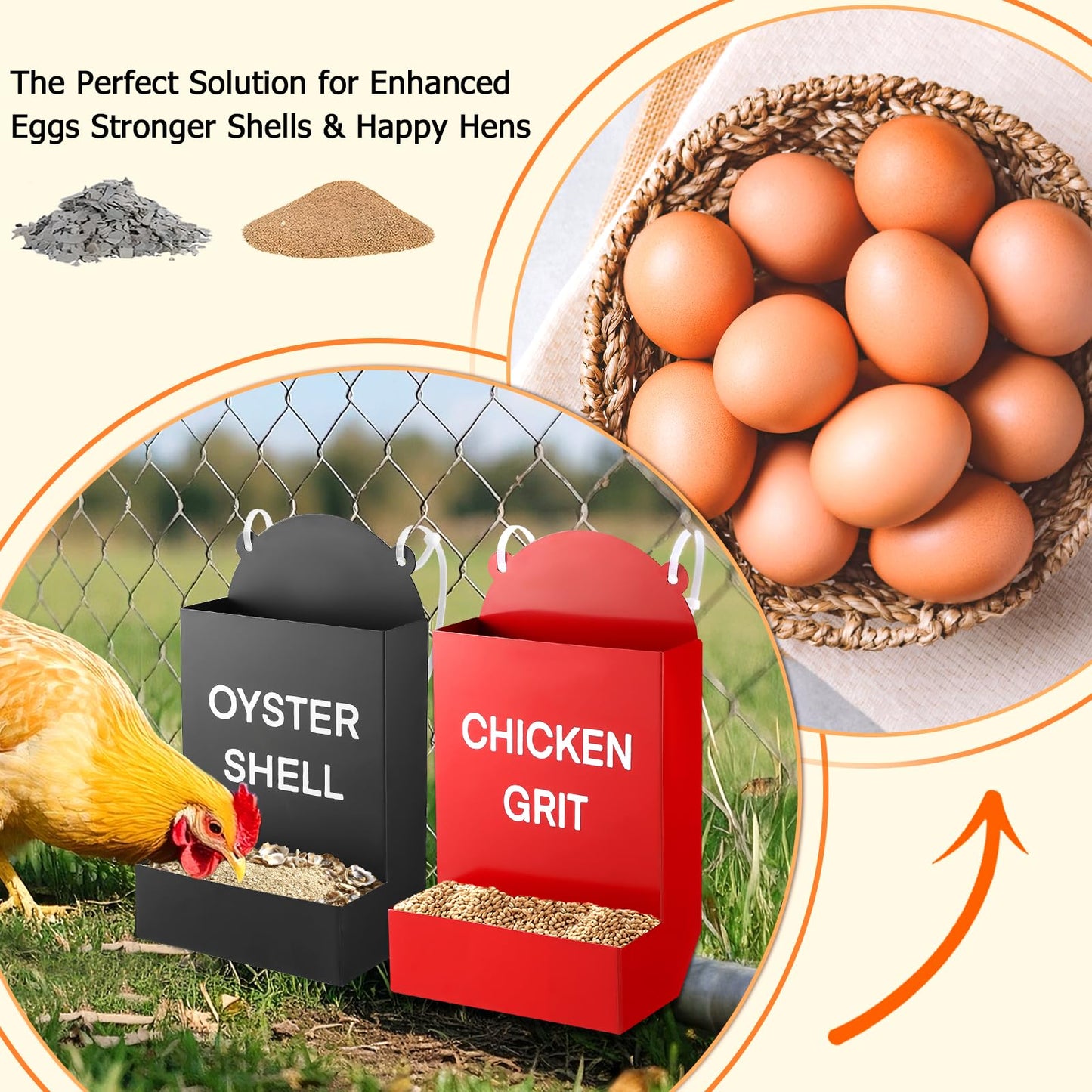 2PCS Chicken Grit Feeder Oyster Shell Feeder, Heavy Duty Metal Automatic Chicken Feeders, No Waste & No Mess, Gravity-Fed Chicks Food Dispenser Hanging Poultry Feeders for Coop Ducks, Pigeons, Doves