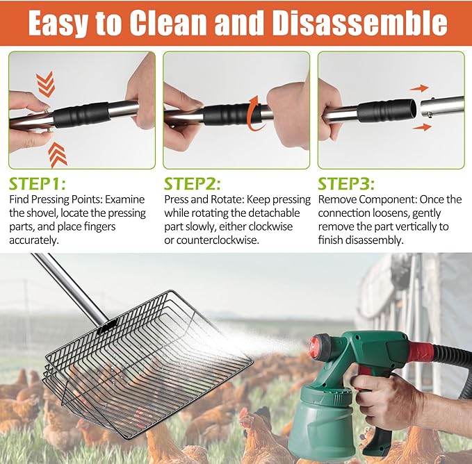 10 Inch Large Metal Chicken Poop Scooper for Sand & Coop Cleaning - Long Sifting Shovel with 24"-68" Adjustable Handle, 5 Lengths Heavy Duty Stainless Steel