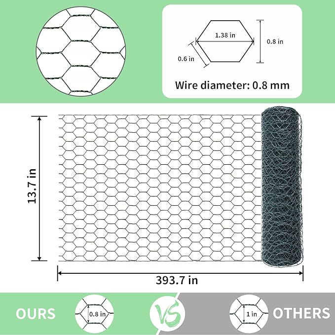 Chicken Wire 13.7 in x 393.7 in Poultry Wire Netting Hexagonal Galvanized Mesh Garden Fence Barrier for Pet Rabbit Chicken Fencing with 100 Pcs Cable Zip Ties(PVC-Coated)
