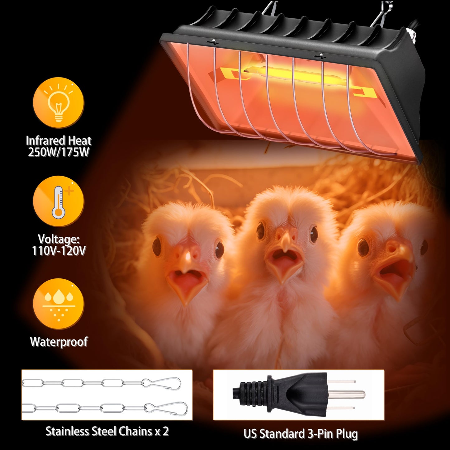 Chicken Brooder Heater Lamp 250W Brooder Heating Plate for Chicks Hanging Light Heated Adjustable Temp & Height with Anti-Fall Aluminum Alloy Lamp Shade Suitable for Chickens, Ducks, Poultry (black)