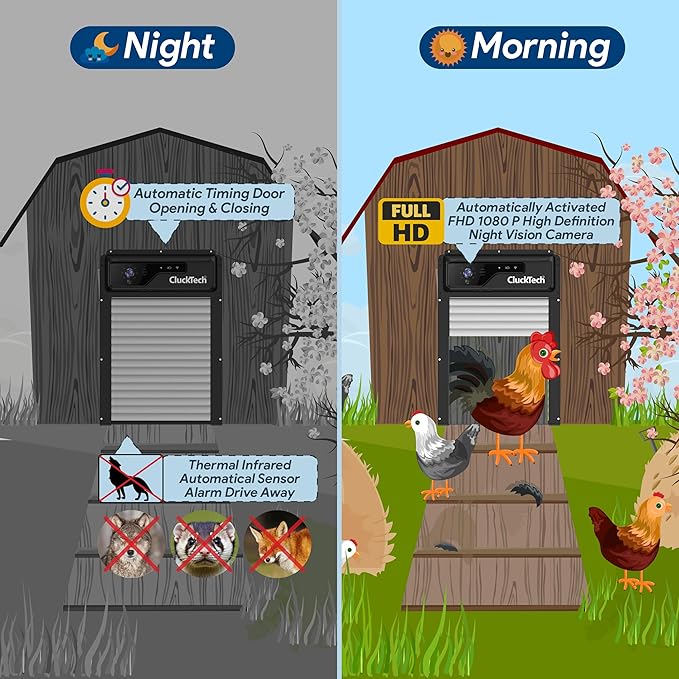 Automatic Chicken Coop Door - with 1080p Camera - Solar Powered - 5000mAh Battery - App Remote Control and Opener with Timer - Auto Open/Close - Heavy Duty - Night Vision - Alarm Drive
