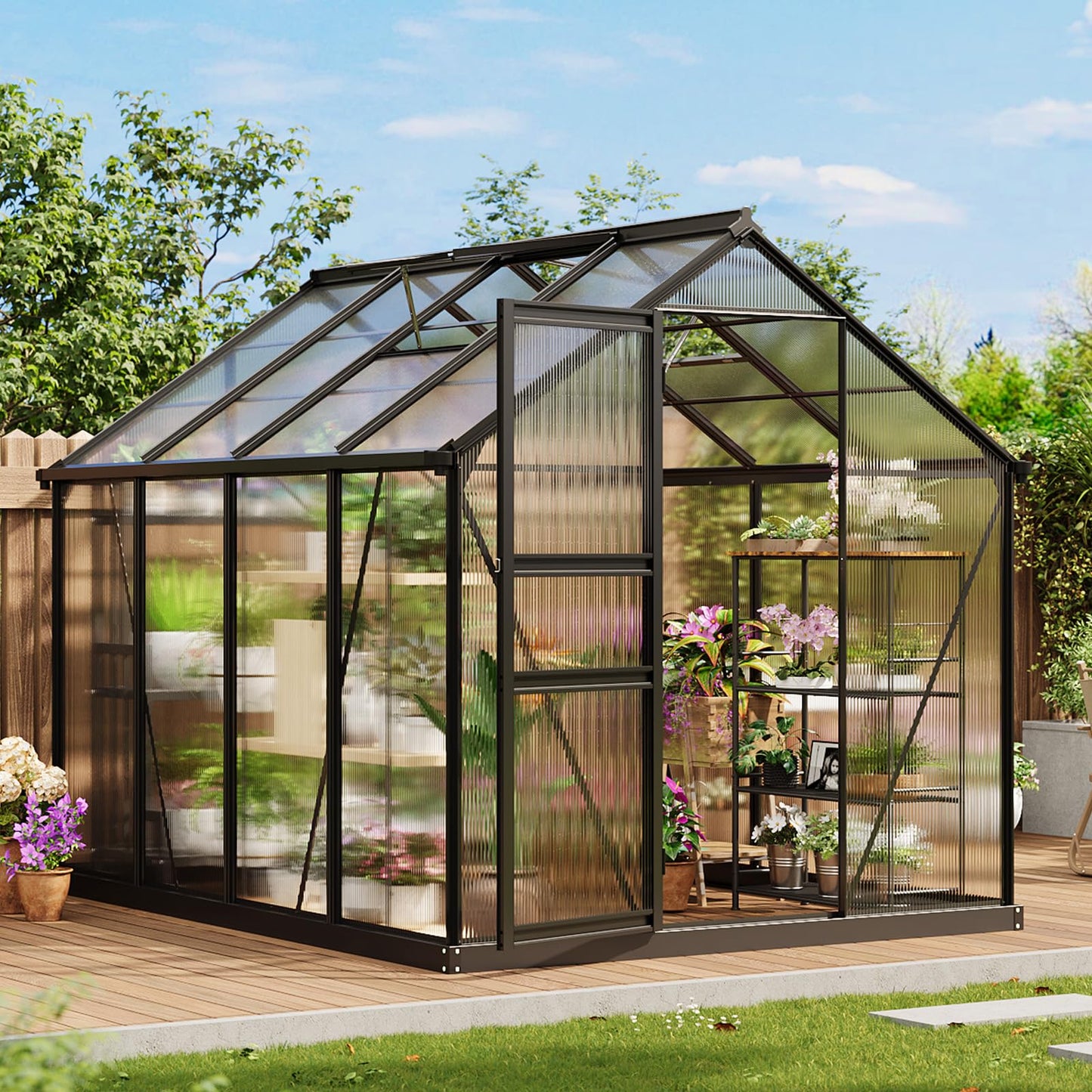 8×6FT Greenhouses for Outside,Greenhouse with Aluminum Frame-Outdoor Greenhouses for Backyard Garden Patio, Outside Garden Green House with Lockable Door&Adjustable Roof Vent, Smart Water Management