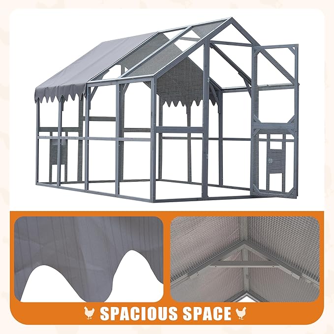 109.6'' Large Wood Chicken Coop Enclosures,Walk-in Poultry Cage, Chicken Run Pen Duck House with Waterproof and Anti-Ultraviolet Cover for Outdoor Farm Use Spire Roof, Grey