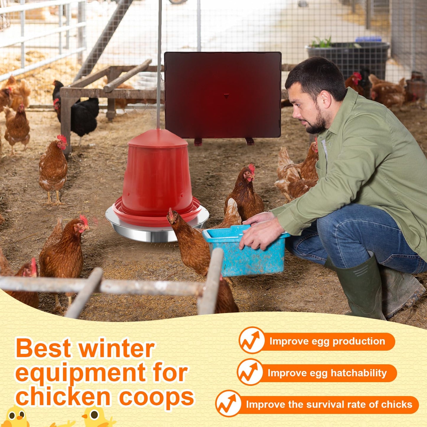 VIHOSE 2 Pcs Chicken Heater Set 1 PC Adjustable Chicken Coop Heater 77℉ to 200℉ 1 PC Stainless Steel Poultry Waterer Heated Base Radiant Heat House Heater