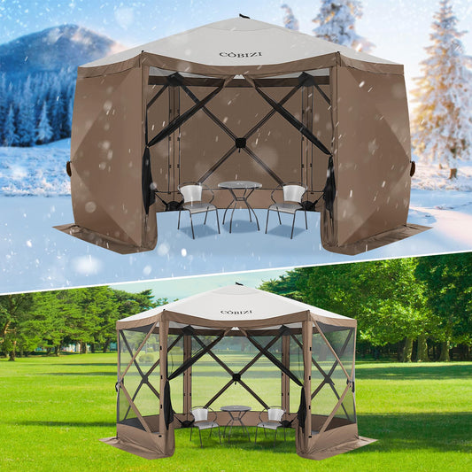 COBIZI 12x12ft Pop up Gazebo Screen Tent Screen House for Camping, Camping Outdoor Screened Gazebo with Sidewalls, Portable Hub Tent with Carrying Bag and Ground Stakes, Brown(Upgraded 2.0)