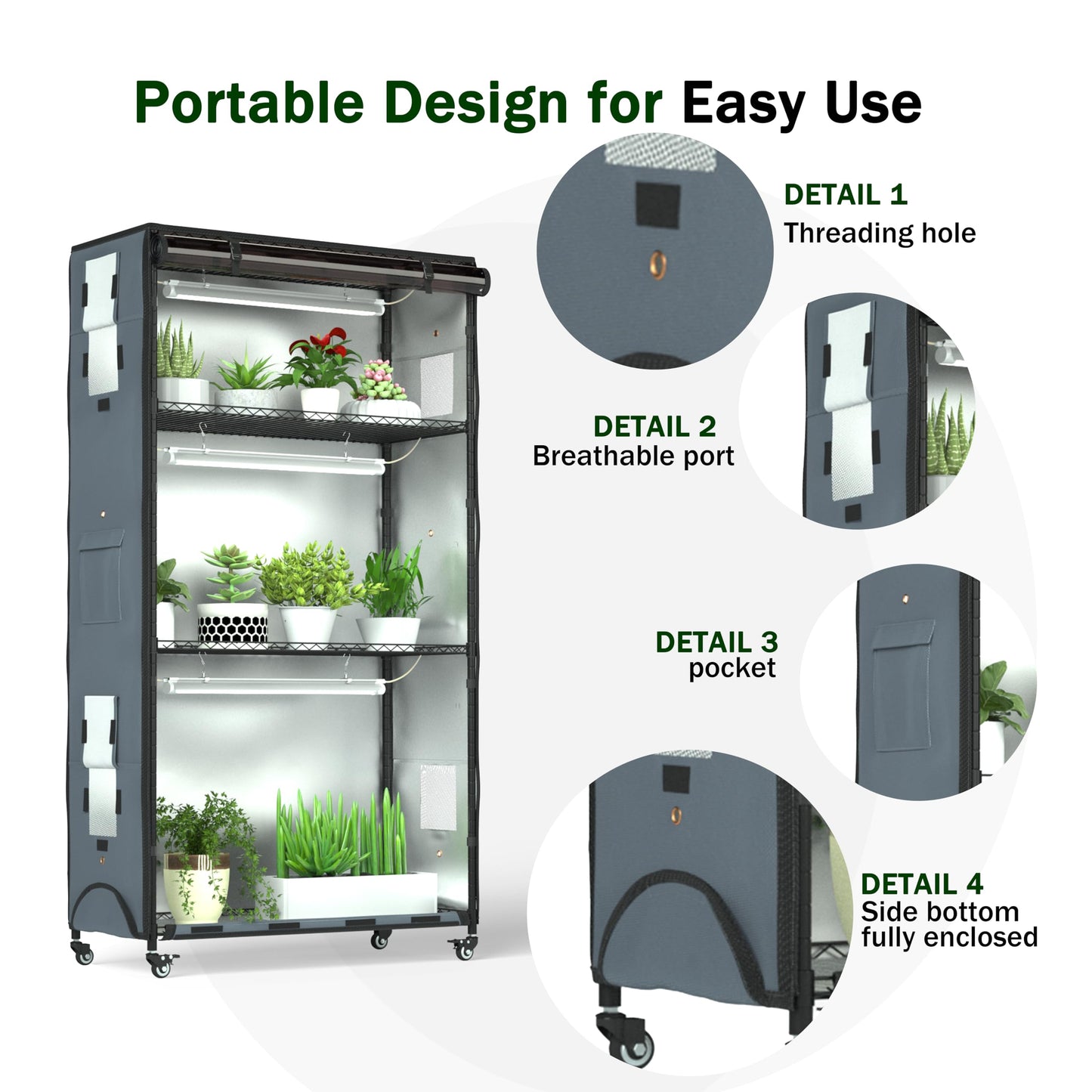 Zuwachs Indoor Greenhouse with Grow Lights, Plant Shelf, Black Tea PVC Cover - All-Weather Protection, 2 Tool Pockets, Zippered for Indoor Garden Kit, for Flowers Vegetables (36" L × 14" W × 63" H)