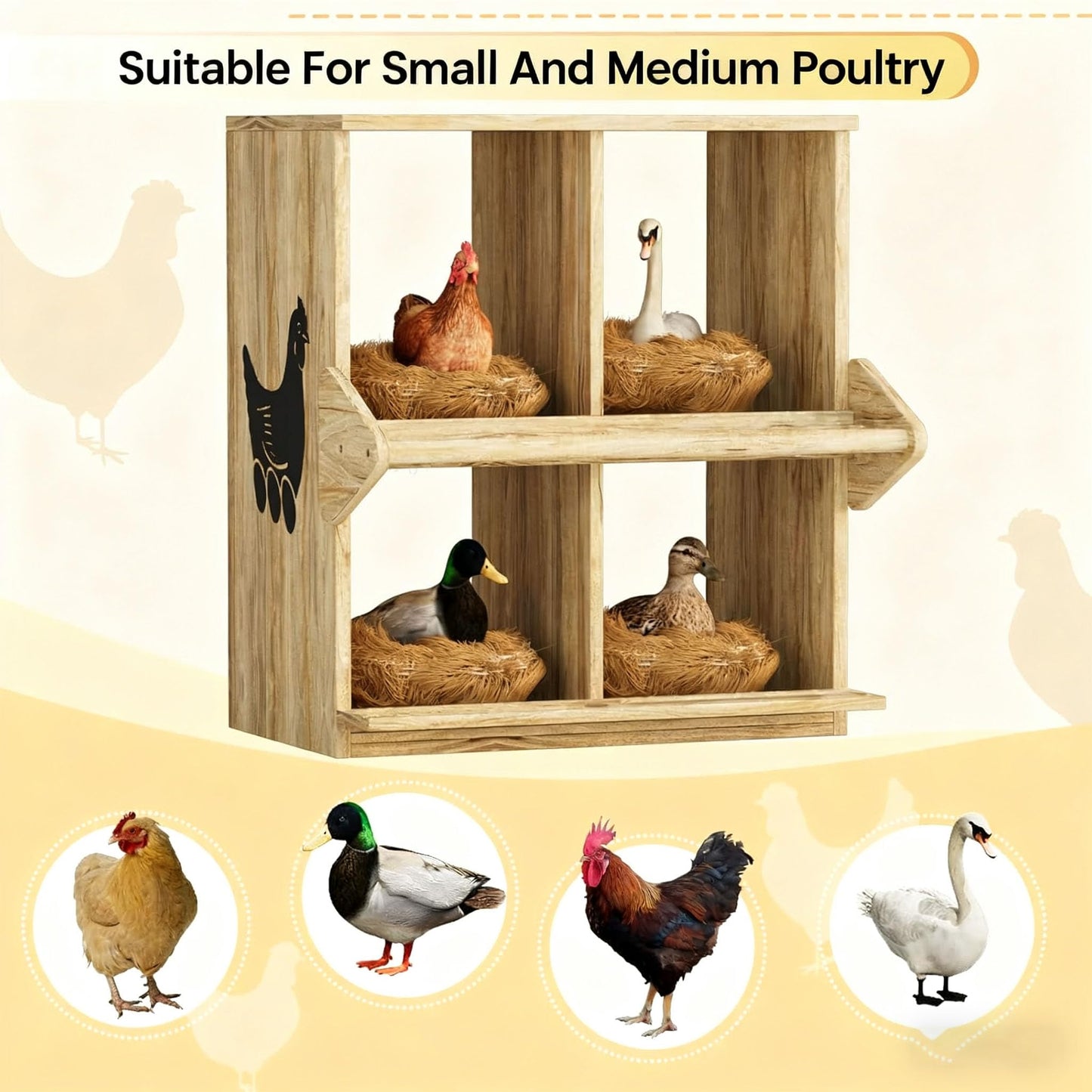 Chicken Nesting Box, 4 Compartment Wooden Nesting Boxes for Chickens with Perches, Floor/Stand/Wall Mount Large Chicken Nesting Boxes for Small & Medium Poultry