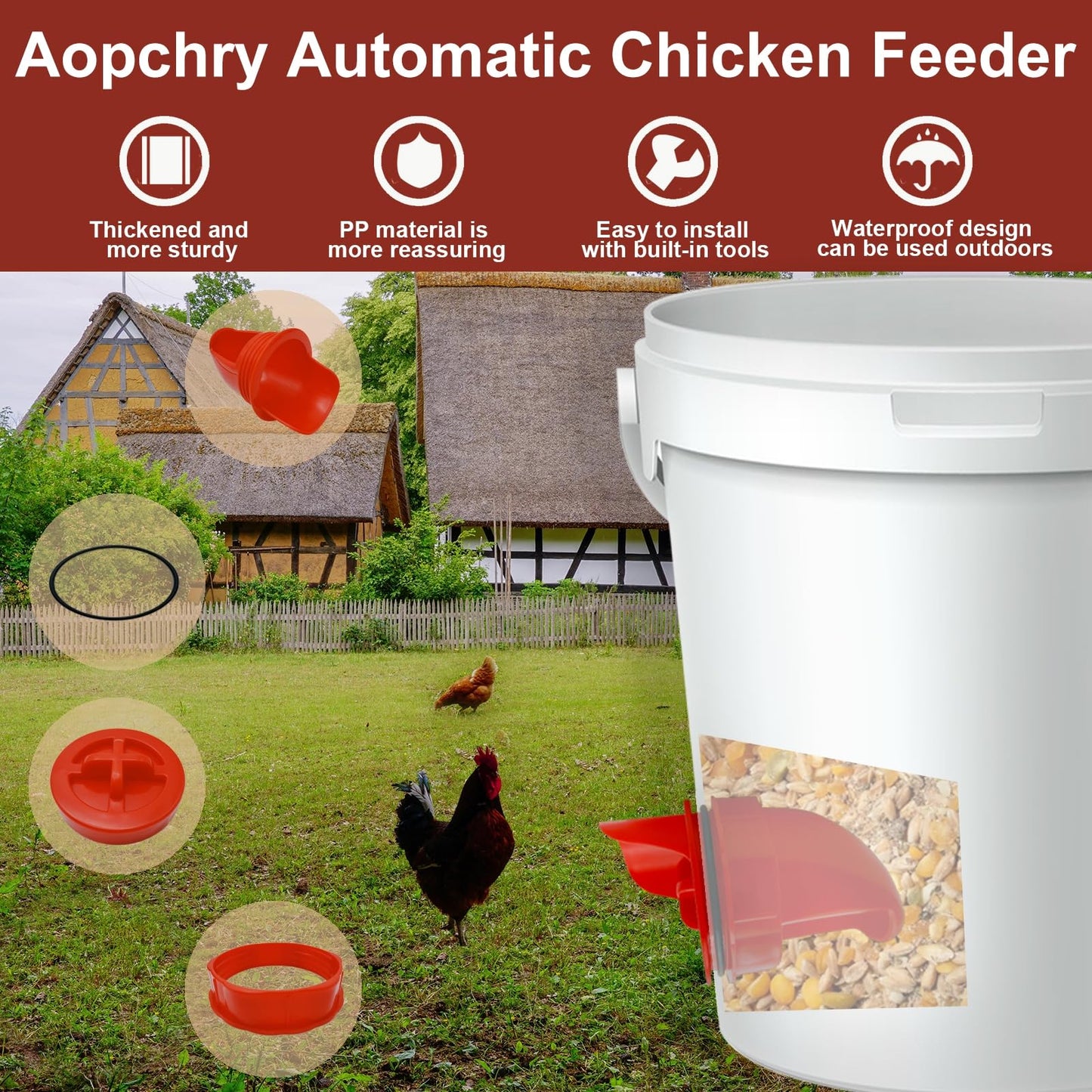 [8 Pack] Aopchry Automatic Chicken Feeder (Red), Chicken Feeders No Waste Feed, Egg Shaped Thickened Design, Rain-Proof, Suitable for Various Poultry, with Mounting Hole Opener