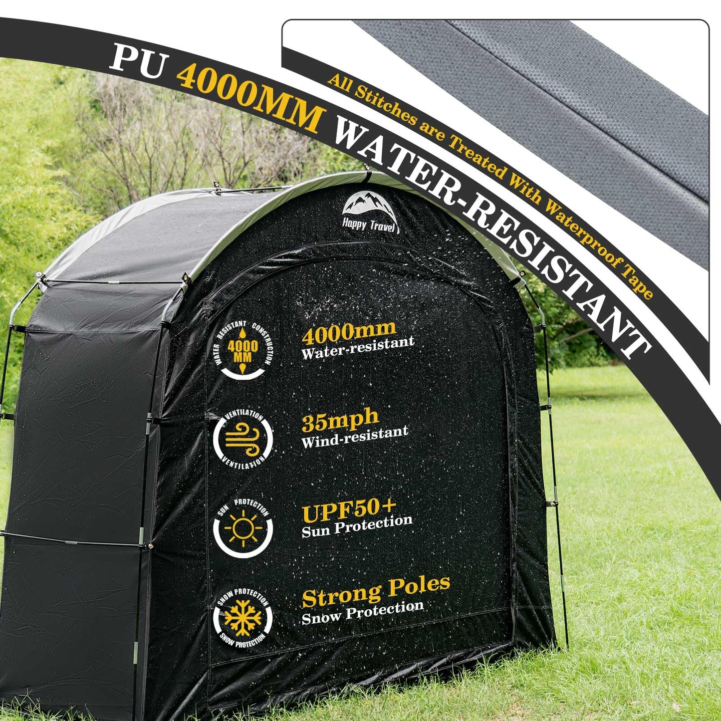 Happy Travel Bike Storage Shed Tent, Waterproof Portable Bicycle Cover with 30% More Top Storage Space for 2/3/4/5 Bikes,Clips Easy Setup Outdoor Sheds Shelter for Motorcycle, Garden Tools, Lawn Mower