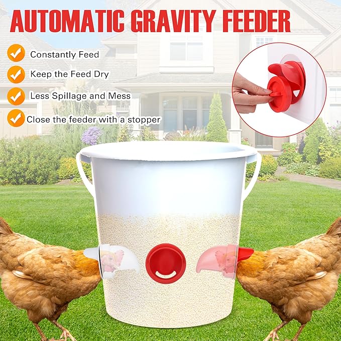 14 Pcs Chicken Feeder and Waterer Kit - No Waste Automatic Poultry Feeder Ports Water Cups with Hole Saw - DIY Gravity Feeder for Buckets Barrels Bins - Fit Chickens Ducks Birds Quail