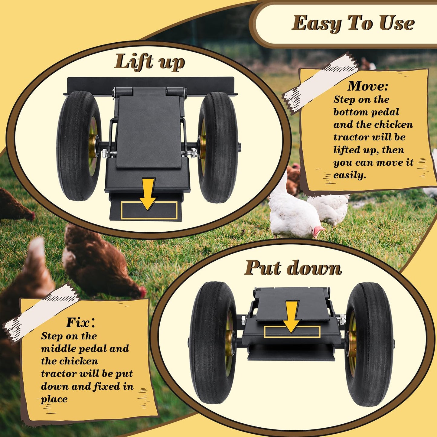TOPOWN Chicken Coop Mover with Wheel System and Lift Design, Chicken Tractor Mobility Heavy Duty and Weatherproof, Enhancement of Safety and Durability, Easy to Use, Fit for 7ft Chicken Coop or Less
