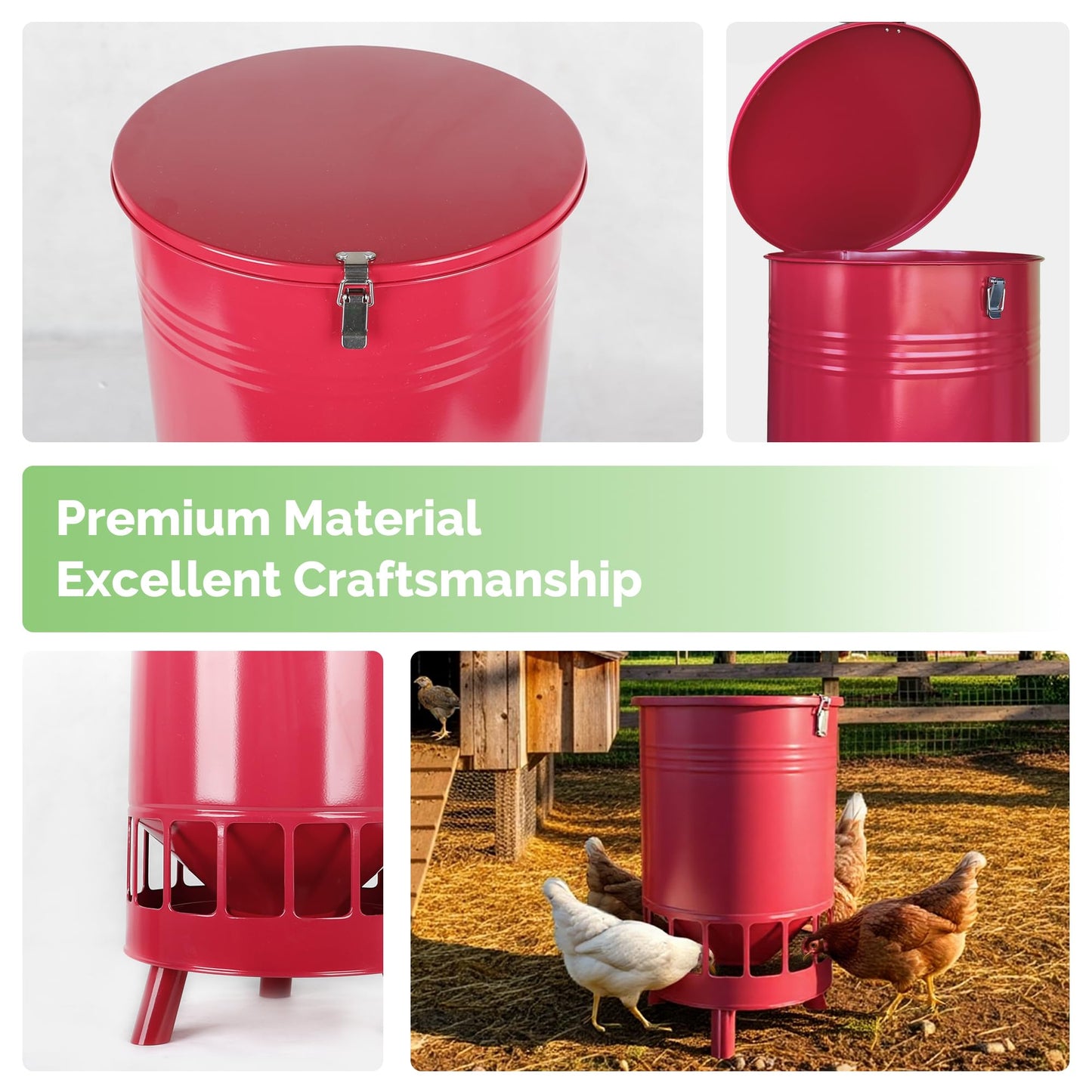 Solution4Patio 50LB No-Waste Chicken Feeder, Large Capacity Gravity Dispenser with Spill Control & 16 Feeding Ports Poultry Feeder for Outdoors & Hen Coop (Red)