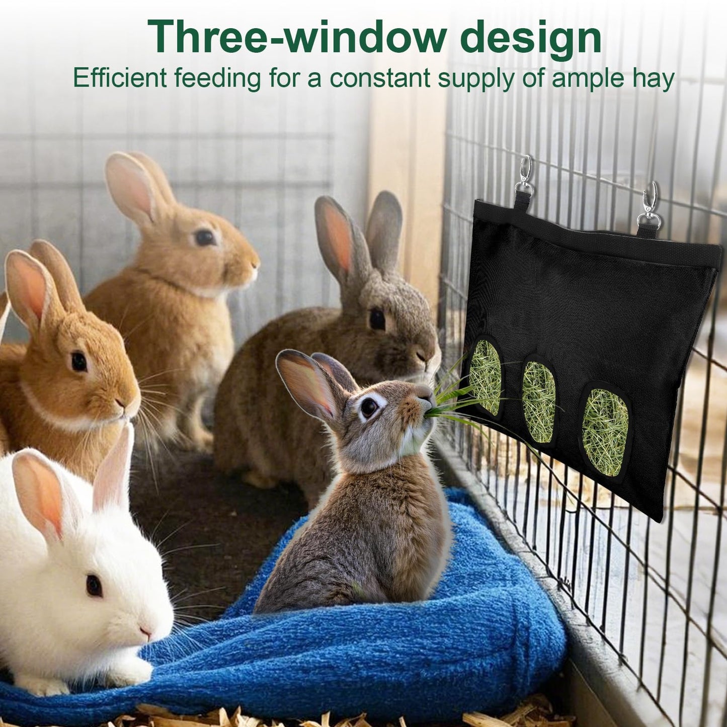 2 Pcs Rabbit Hay Feeder,Guinea Pig Hay Feeder,13×10.8 Inch Guinea Pig Bag,Small Animal Feeding Bag for Rabbits, Hamsters, Hedgehogs (3 Holes,Black)