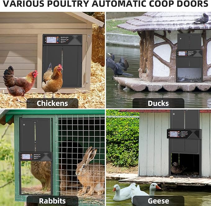 Automatic Chicken Coop Door, 4 Modes LCD Display Chicken Coop Door Solar Powered with Timer & Light Sensor, Aluminum Alloy Automatic Chicken Door with Anti-Pinch, IPX45 Waterproof