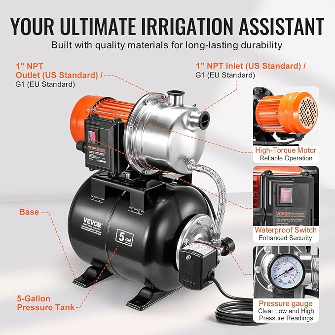 VEVOR 1 HP Shallow Well Pump with Pressure Tank, 1000 GPH, Automatic Irrigation Water Booster Pump with 130 ft Head Lift 20/40 PSI Pressure Switch, 304 Stainless Steel Pump Head for Home Garden Lawn