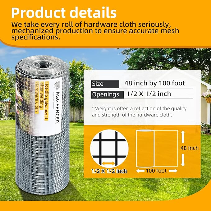 48in x 100ft Hardware Cloth 1/2 inch Chicken Wire Fencing, Hot-Dipped Galvanized After Welding Garden Plant Supports Welded Metal Chicken Wire Poultry Animal Netting Cage Screen