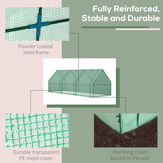 Outsunny 9' x 3' x 3' Mini Greenhouse with Zippered Doors & Roll-up Windows, Portable Plant Hot House with Durable PE Cover, Water Resistant, UV Protected for Outdoor Flowers, Vegetables, Green
