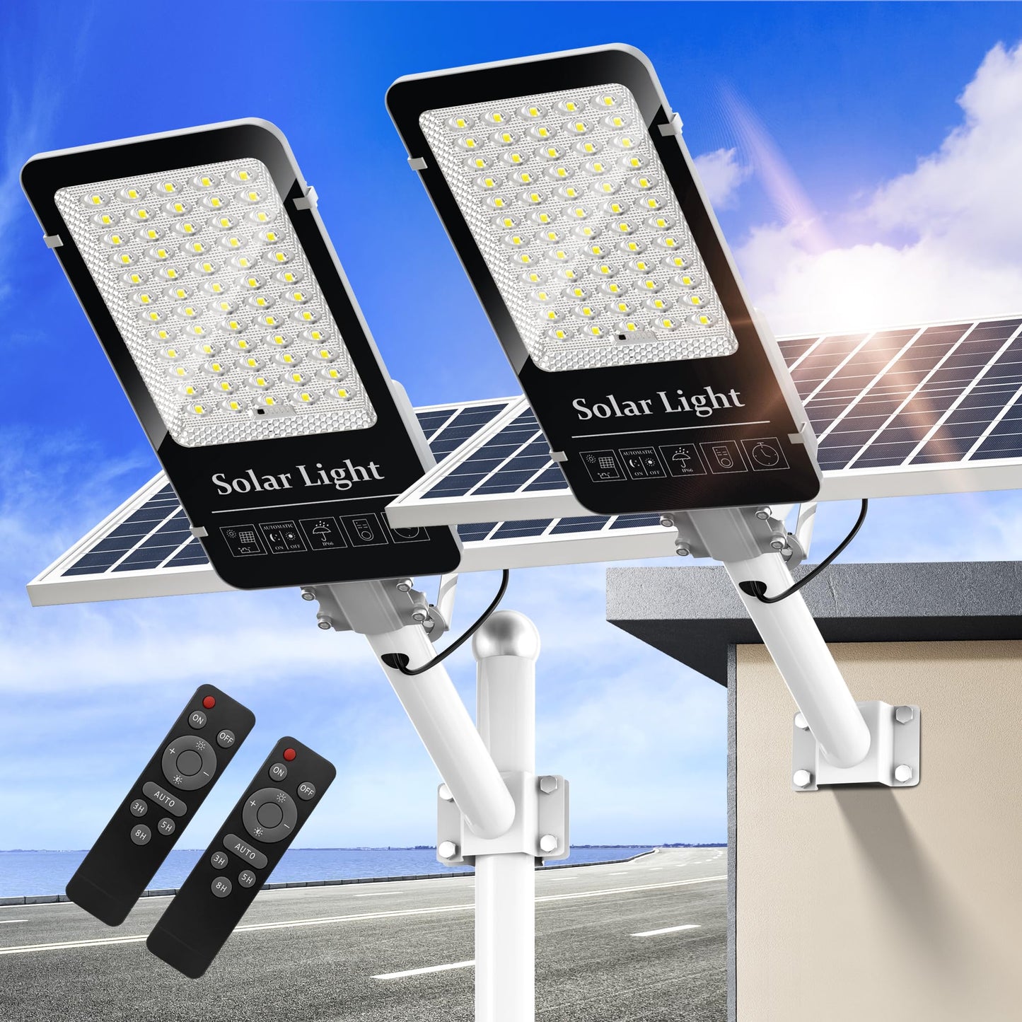 OKPRO 10000W Solar Street Lights Outdoor - 6500K Commercial Parking Lot Lights Dusk to Dawn, Heavy Duty LED Street Light with Remote Control, High Powered Solar Flood Light for Driveway(2Pack)