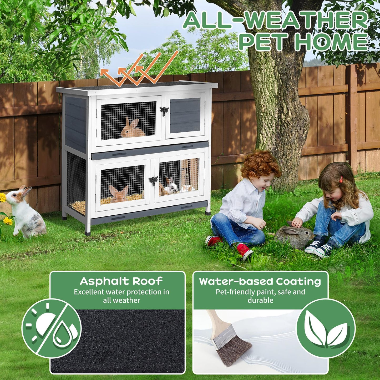 2 Story Solid Wood Rabbit/Bunny Hutch with 2 Large Main Rooms, Indoor Outdoor Rabbit House Guinea Pig Cage Pet House for Small Animals with Ventilation Door Removable Tray Waterproof Roof (Grey)