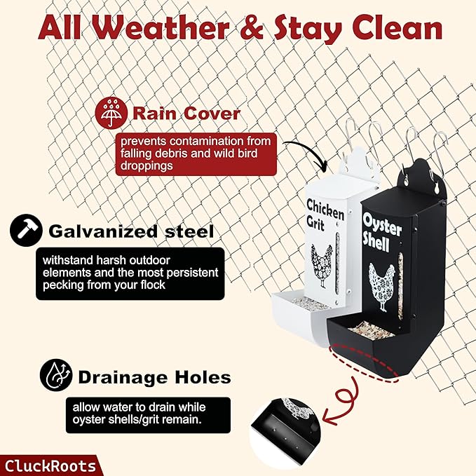 CluckRoots Chicken Grit and Oyster Shell Feeder Combo, No-Spill Weatherproof Heavy-Duty Design, Lift-Off Wall-Mounted Metal Dispenser w/View Window, Chicken Coop Accessories Gifts for Lovers Women