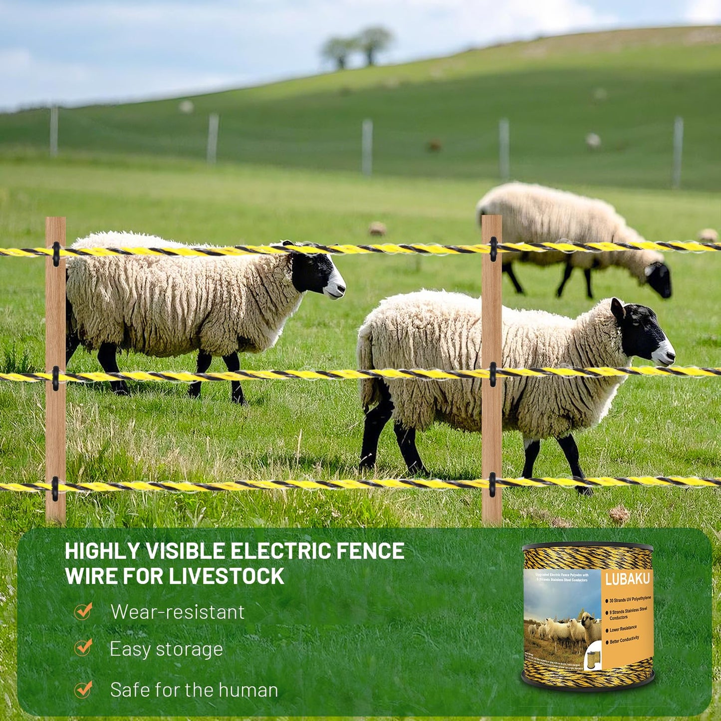 Electric Fence Polywire 3366 Feet, Upgraded 9 Strands Stainless Steel Conductors 1026 Meters Wire, Portable PVC-Coated Fiberglass Electric Fencing Rope, High Conductivity, UV, Rust Resistant