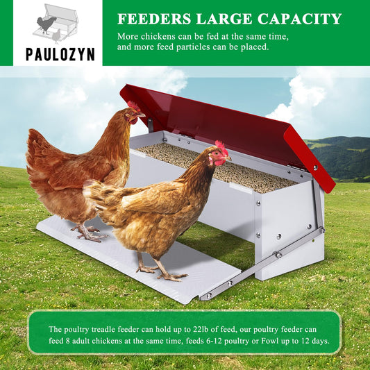 PAULOZYN 9L Automatic Chicken Feeder Treadle Rat Proof Metal Galvanized Poultry Feeders Treadle Chicken Feeder with Weatherproof Lid for Duck Turkey Outside No Waste