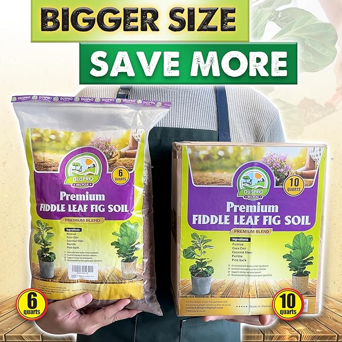 DUSPRO Recycle Fiddle Leaf Fig Soil Specialized for Fiddle Leaf Fig Plant Indoor 5-in-1 Pre-Mixed with Coco Coir, Coconut Fiber, Perlite, Pumice, Pine Bark Ready-to-Use Handmade Mix Drainage 10 QRT