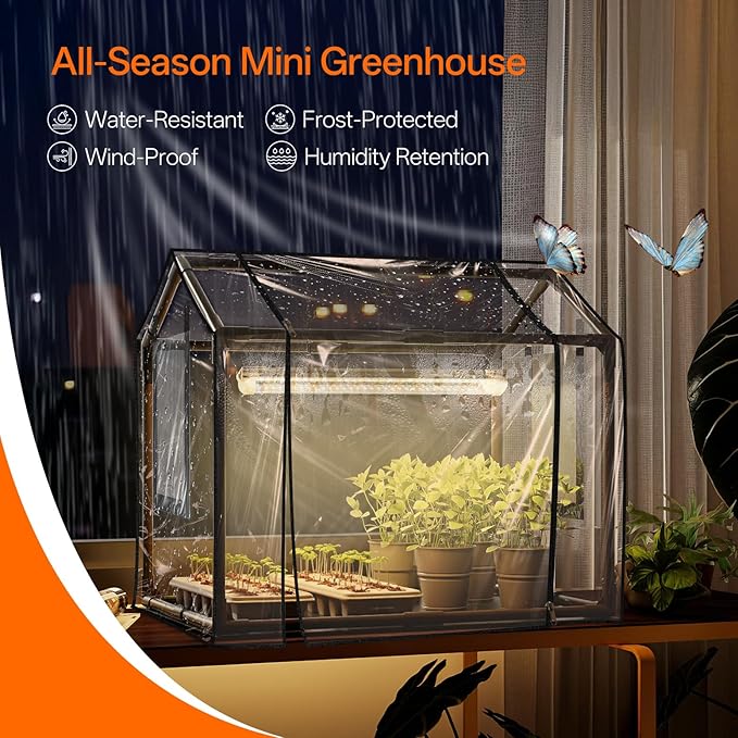 Bstrip Indoor Greenhouse with Grow Light, Mini PVC Tent with PE Base Mat, Ventilation Windows & Zippered Door, 18W Tabletop Greenhouse Light for Seed Starting with Timer, 23.8" x 15.7" x 20.5"