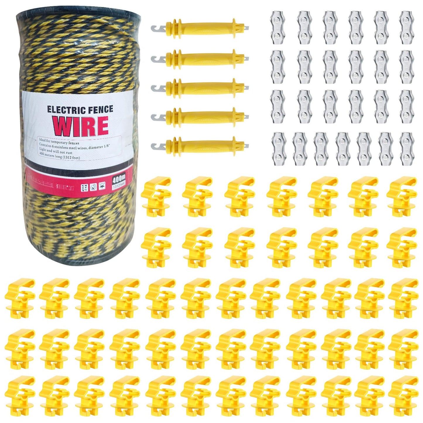 Electric Fence Wire Kit - 1312 Feet 400 Meters Electric Fence Polywire, 50 PCS T-Post Insulators, 25 PCS M4 Heavy Duty Poly Rope Connectors, 5 PCS Robber Electric Fence Gate Handle Insulators