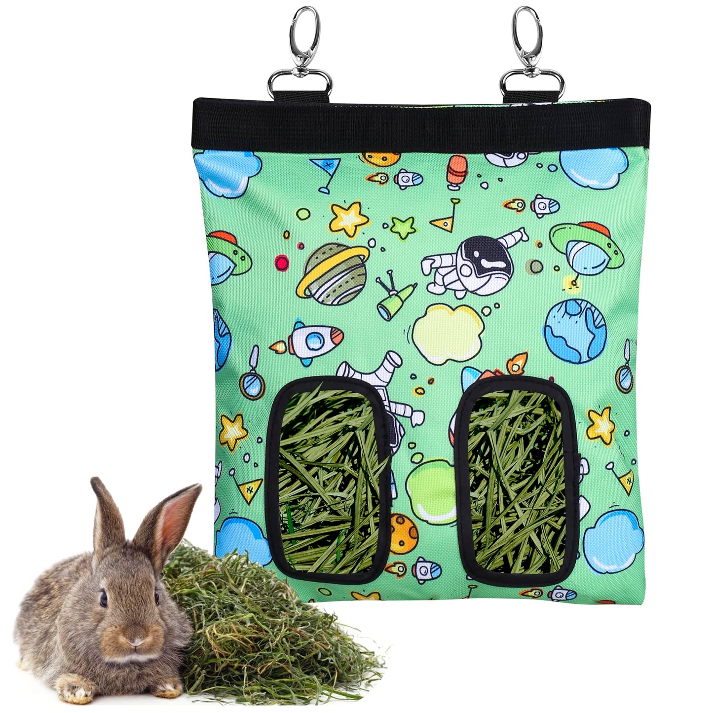 Rabbit Hay Feeder Bag Guinea Pigs Hanging Hay Rack Manger Holder Dispenser Small Animal Feeder Storage Pouch for Bunny Chinchilla Hamster (Pattern Green, 2 Windows)