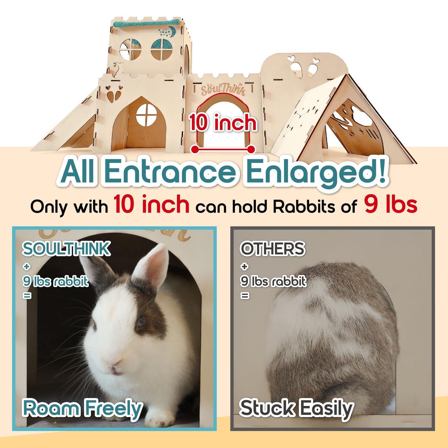 Soulthink® Extra Large Rabbit Hideout and Castle - Easy to Assemble Wooden Houses and Hideouts with Ramps and Tunnels Bunny Castle and Rabbit House for Rabbits to Hide and Play Indoor